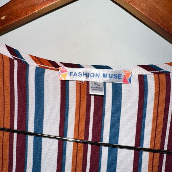 Women's Fashion Muse Blouse, XL, Multicolor Stripes Long Sleeve Tie Bottim - Picture 3 of 9